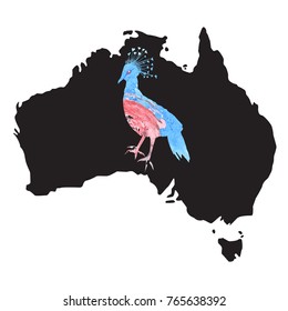 Crowned pigeon silhouette with a blue and pink watercolor texture of an Australian animal on a black background silhouettes of a map of Australia
