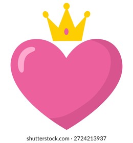 Vector de corazón rosa coronado. Señales del rey y de la reina, icono de la boda. Monarca dibujado a mano, princesa, imperial, símbolo de lujo, corazón con corona en la parte superior