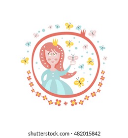 Crowned Princess Fairy Tale Character Girly Sticker In Round Frame