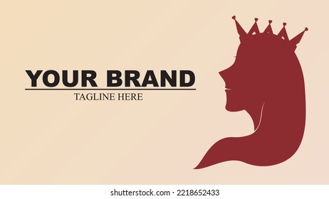 Crowned queen brand logo vector background with beautiful long hair