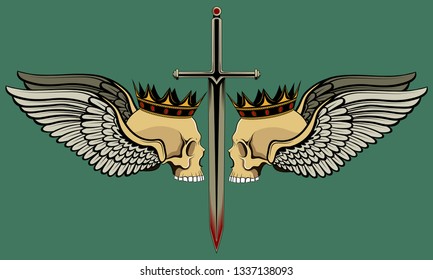 Crowned skulls with wings. Color vector image.
