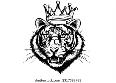 Crowned Tiger Head - Striking tiger head illustration wearing a regal crown in EPS format. Perfect for logos, branding, and designs that demand a majestic and powerful presence