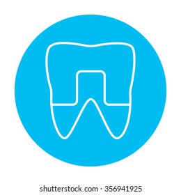 Crowned tooth line icon for web, mobile and infographics. Vector white icon on the light blue circle isolated on white background.