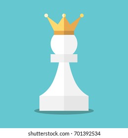 Crowned white pawn on turquoise blue background. Power, achievement, opportunity and victory concept. Flat design. EPS 8 vector illustration, no transparency, no gradients