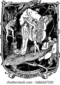 Crowning Thumbelina, this scene shows an angel crowning a female standing in front of her, other angels behind them, vintage line drawing or engraving illustration