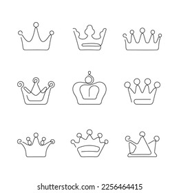 Crowns artistic style continuous line icons. Editable stroke.