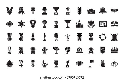 crowns and badge icon set over white background, silhouette style, vector illustration