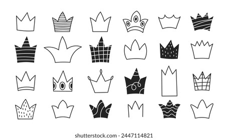 Crowns big doodle set. Hand drawn line royal head accessories. Luxury symbols and signs in sketch style. Vector illustration