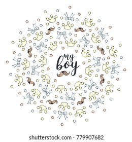 Crowns. Bows. Mustaches. Vector illustration of baby frame.