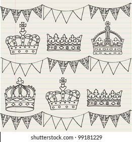 Crowns and bunting doodle seamless vector