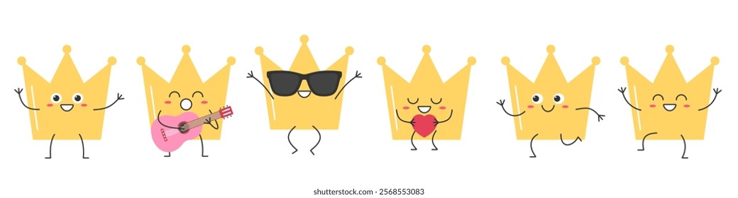 Crowns character cartoon set greet jump love run sing smile happy joy cute vector illustration.