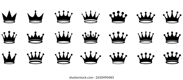 Coleção de Clip-arts Crowns. Conjunto de várias silhuetas de coroa preta e dourada em um fundo branco e preto. Amor corações coroa silhueta preto imprimível clipart sublimação vetor ilustração.