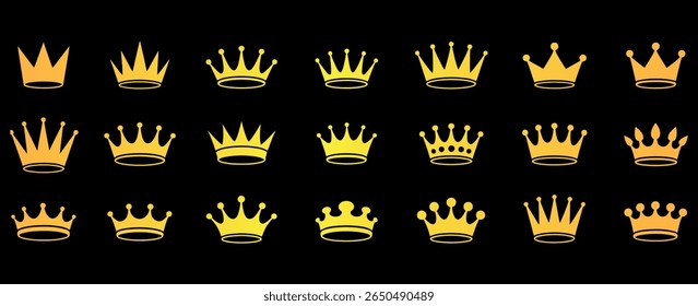 Coleção de Clip-arts Crowns. Conjunto de várias silhuetas de coroa preta e dourada em um fundo branco e preto. Amor corações coroa silhueta preto imprimível clipart sublimação vetor ilustração.