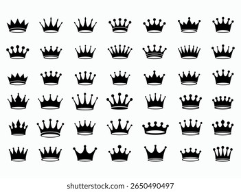 Coleção de Clip-arts Crowns. Conjunto de várias silhuetas de coroa preta e dourada em um fundo branco e preto. Amor corações coroa silhueta preto imprimível clipart sublimação vetor ilustração.