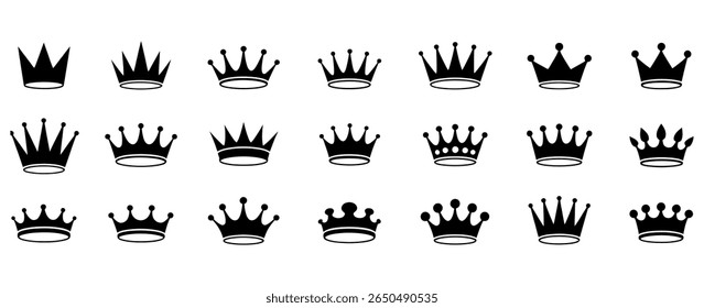 Coleção de Clip-arts Crowns. Conjunto de várias silhuetas de coroa preta e dourada em um fundo branco e preto. Amor corações coroa silhueta preto imprimível clipart sublimação vetor ilustração.