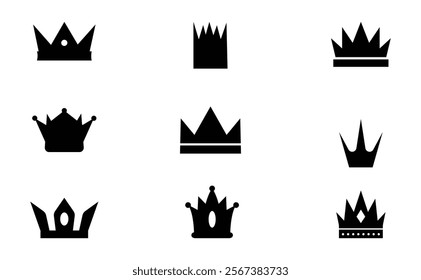 Crowns Clip Art Collection.Set of various black crown silhouettes on a white background.Love hearts crown silhouette black printable clipart sublimation vector illustration
