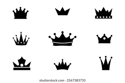 Crowns Clip Art Collection.Set of various black crown silhouettes on a white background.Love hearts crown silhouette black printable clipart sublimation vector illustration
