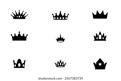 Crowns Clip Art Collection.Set of various black crown silhouettes on a white background.Love hearts crown silhouette black printable clipart sublimation vector illustration
