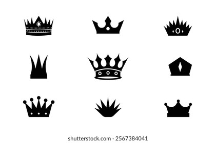 Crowns Clip Art Collection.Set of various black crown silhouettes on a white background.Love hearts crown silhouette black printable clipart sublimation vector illustration
