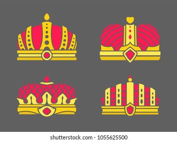 Crowns collection in color, crowns of different shapes of red color, golden jewelry set and symbols vector illustration, isolated on grey background