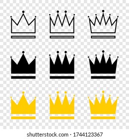 Crowns collection. Crown in different styles. Crowns isolated on transparent background. Crown vector icons. Vector illustration