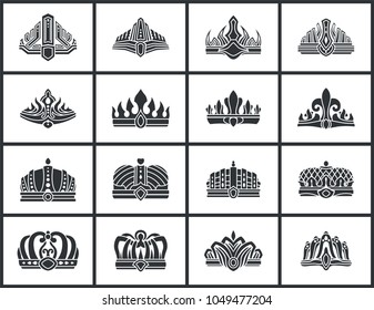 Crowns collection of different shapes types of accessory for royalty elegant item and precious object vector illustration isolated on white background
