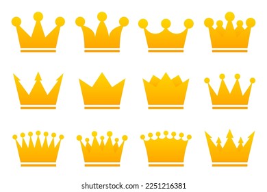 Crowns collection. Golden royal symbol of king queen and princess. Concept of crowning prince authority. Vector illustration.