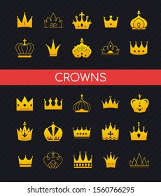 Crowns collection - set of colorful vector icons isolated on black background. Golden royal headwear silhouettes of different form. Queen, king heraldic signs. Power, winning, victory symbols