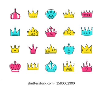 Crowns collection - set of colorful vector icons isolated on white background. Royal headwear silhouettes of different forms with color filling. Queen, king heraldic symbols. Power, winning, victory