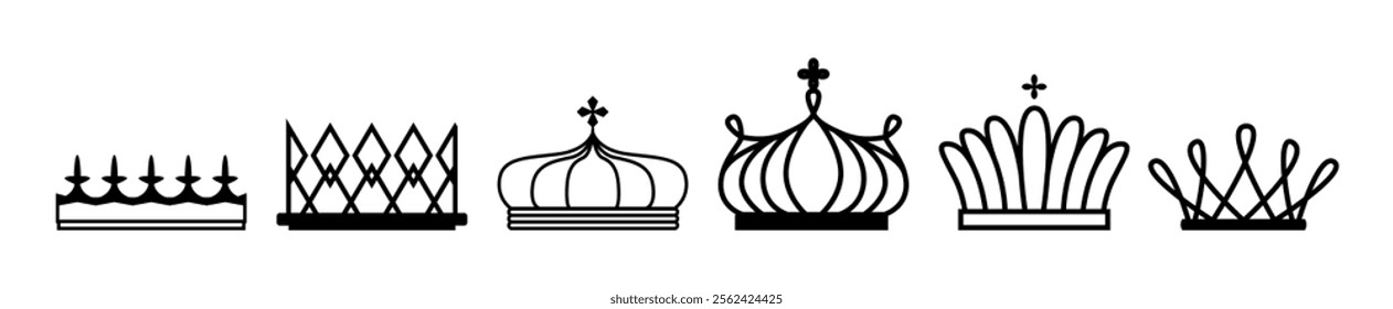 Crowns and coronets simple dark silhouettes. Vector isolated flat headwear for monarch or emperor. Queen or king, prince or princess diadem for head. Symbol of royal power and monarchy hat