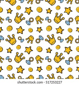 Crowns Diamonds and Money Seamless Pattern. Fashion Background in Retro Comic Style. Vector illustration