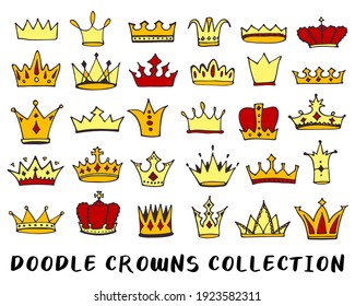 Crowns doodle drawing collection. Hand drawn queen, king or princess crown icons set isolated on white. Vector illustration