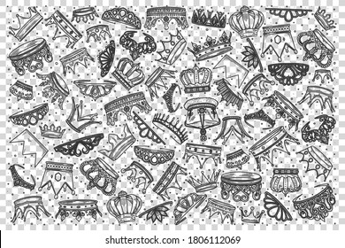 Crowns doodle set. Collection of hand drawn templates sketches patterns king tiaras or queen royal diadems illustration. Prince or princess luxurious head accessories on transparent background.