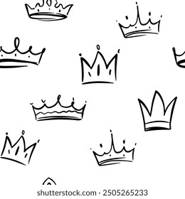 Coronas, doodle, bosquejo, patrón sin fisuras, bosquejo monocromo, Vector dibujado a mano