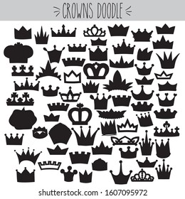 Crowns Doodles, king, queen, princess, prince, tiara, Black Silhouette, wedding, monarch, royal, luxury, jewelry, icon, logo, classic, collection, decorative, holiday, imperial, majesty, vector, hat