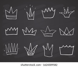 Crowns doodles set, hand drawn royal sketch, Vector Illustration on chalkboard background.