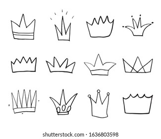 Crowns doodles set, hand drawn royal sketch, Vector Illustration.