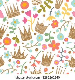 Crowns and flowers. Cute seamless vector pattern.