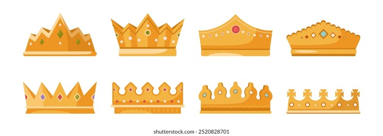 Coroas com pedras preciosas e ouro. Vetor isolou coroas planas e diademas para membros da família real. Rainha ou rei, princesa e cabeceira príncipe. Coroação e monarquia poder símbolo imperial