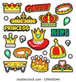 Crowns Golden Decorative Elements for Scrapbook, Stickers, Patches, Badges. Vector Doodle