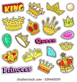 Crowns Golden Decorative Elements for Scrapbook, Stickers, Patches, Badges. Vector Doodle