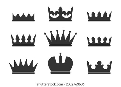 Crowns graphic icon set. Crowns different shape signs isolated on white background. Royal symbols. Vector illustration