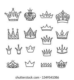 Crowns. Hand drawn collection of isolated crowns vector icon on white background. Sketch king and queen crowns collection.