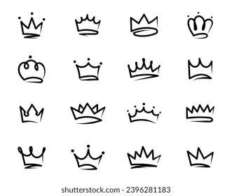 Crowns hand drawn icon set. Doodle crown collection. Crown sketch. Queen or king crowns. Vector illustration.