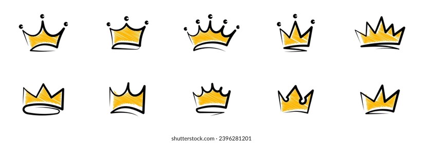 Crowns hand drawn icon set. Doodle crown collection. Gold crown sketch. Queen or king crowns. Vector illustration.