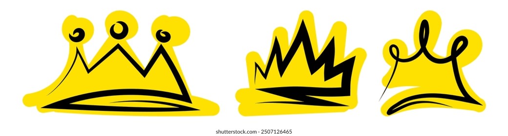 Crowns hand drawn icon set. Doodle crown illustration. Vector isolated on white background.