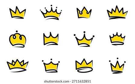 Coroa o conjunto de ícones desenhados à mão. Coleção de coroa de doodle. Esboço de coroa de ouro. Coroas de rainha ou rei. Ilustração vetorial. 