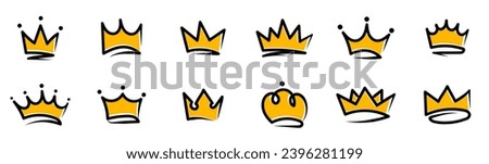 Crowns hand drawn icon set. Doodle crown collection. Gold crown sketch. Queen or king crowns. Vector illustration.