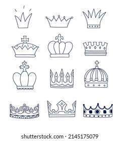 Crowns hand drawn vector illustration set. Monarchy and power symbol collection. Queen and king head jewelry decoration.
