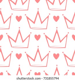 Crowns and hearts drawn by hand. Cute seamless pattern. Sketch, doodle. Vector illustration. White, pink colour.